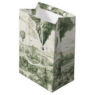 Antique Green Toile de Jouy Pastoral Pattern Medium Gift Bag