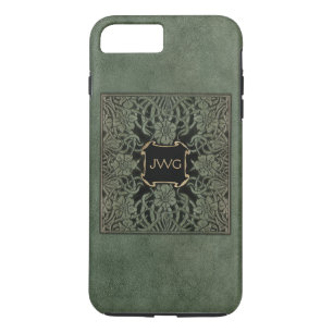 Antique Green Tooled Leather Monogram Book Cover