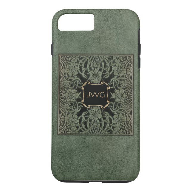 Antique Green Tooled Leather Monogram Book Cover (Back)