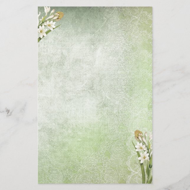 Antique Green with White Tuberoses Stationery (Front)
