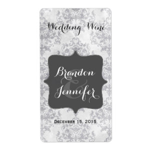 Antique Grey Damask Wedding Mini Wine Label