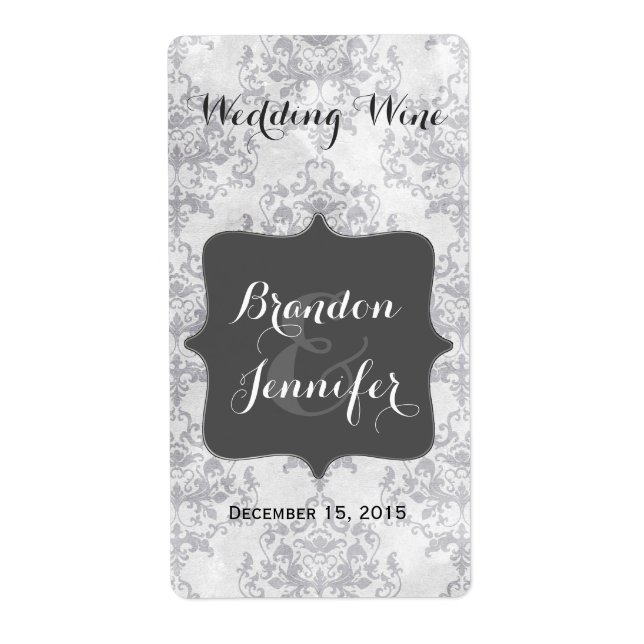 Antique Grey Damask Wedding Mini Wine Label (Front)
