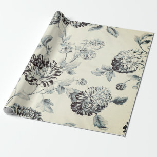 Antique Grey Vintage Botanical Floral Toile Wrapping Paper