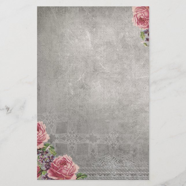 Antique Grey with Pink Roses Stationery (Front)