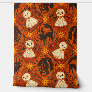 Antique Halloween Ghost & Black Cats Harlequin Wallpaper