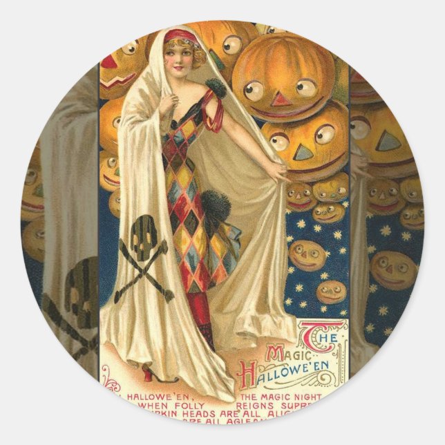 Antique Halloween Jack O Lantern Costume Woman Classic Round Sticker (Front)