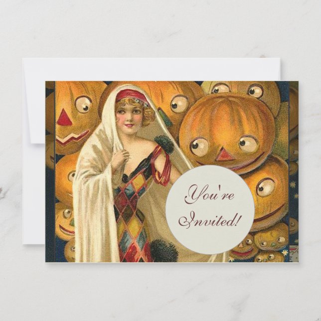 Antique Halloween Jack O Lantern Costume Woman Invitation (Front)