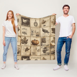 Antique Harvest Pumpkin Maple Leaf Sepia Fleece Blanket