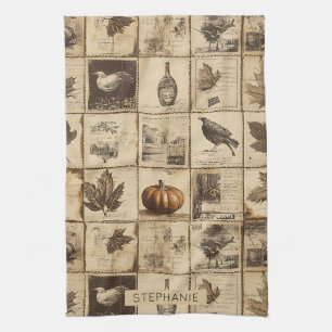Antique Harvest Pumpkin Maple Leaf Sepia Tea Towel