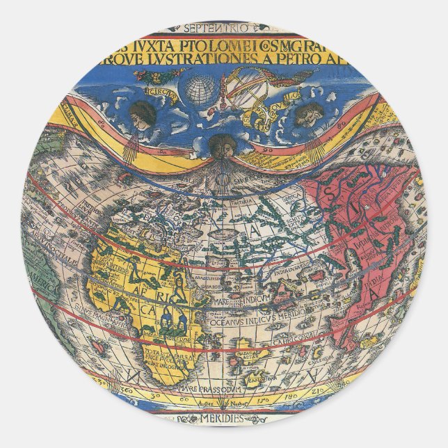 Antique Heart Shaped World Map by Peter Apian 1520 Classic Round Sticker (Front)