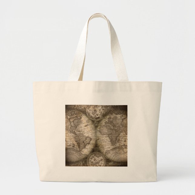Antique Historical Old World Atlas Map Continents Large Tote Bag (Front)