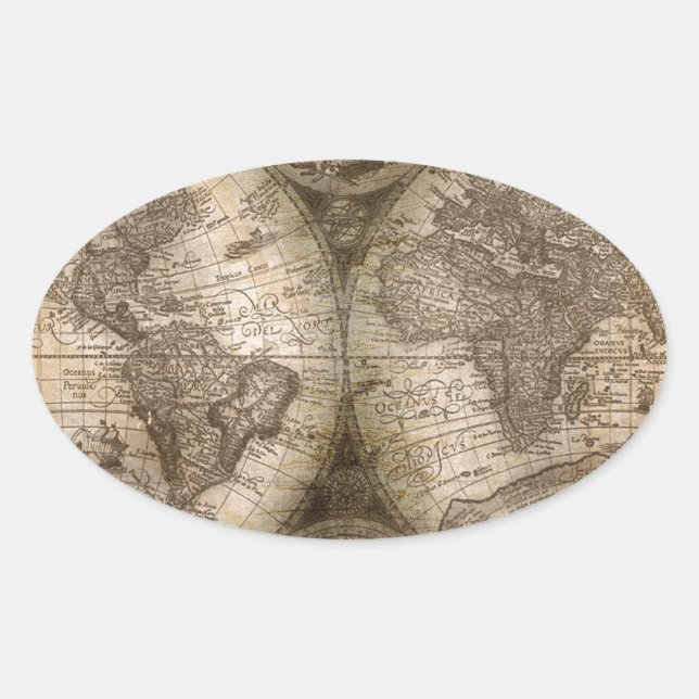 Antique Historical Old World Atlas Map Continents Oval Sticker (Front)