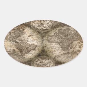 Antique Historical Old World Atlas Map Continents Oval Sticker