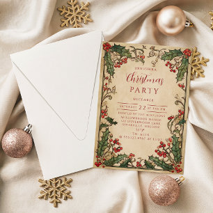Antique Holly Berry Christmas Invitation