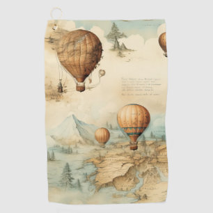 Antique Hot Air Balloon Sepia Map Landscape Golf Towel