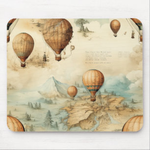 Antique Hot Air Balloon Sepia Map Landscape Mouse Mat