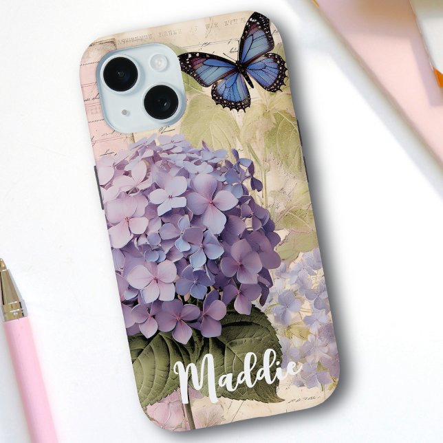 Antique Hydrangea & Butterfly Blue Custom Name Case-Mate iPhone Case (Creator Uploaded)