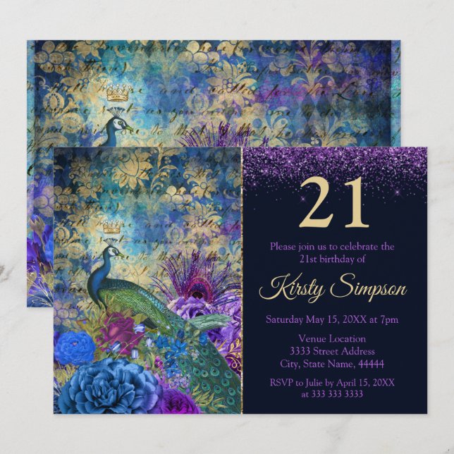 Antique Illustrated Peacock & Flowers Birthday Invitation (Front/Back)