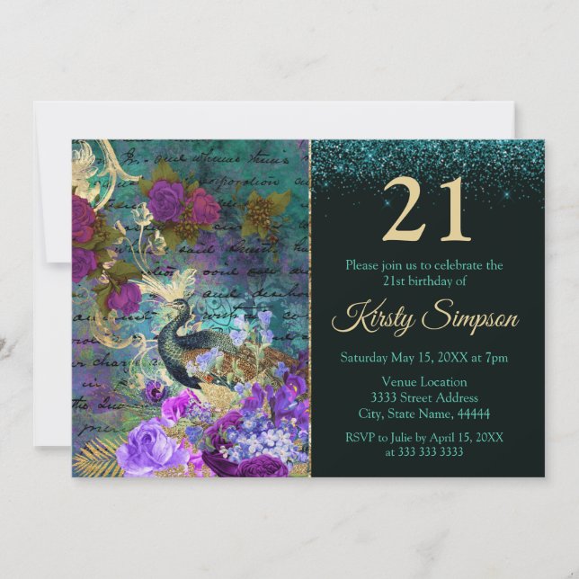 Antique Illustrated Peacock & Flowers Birthday Invitation (Front)