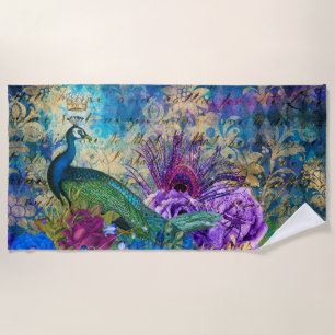 Antique Illustrated Peacock & Flowers Grunge Beach Towel