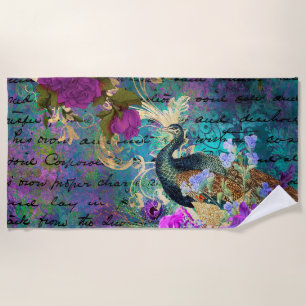 Antique Illustrated Peacock & Flowers Grunge Beach Towel