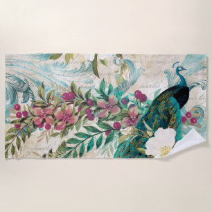 Antique Illustrated Peacock & Flowers Grunge Beach Towel