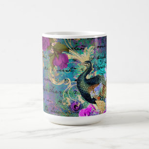 Antique Illustrated Peacock & Flowers Grunge Coffee Mug