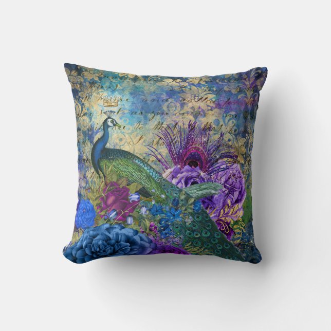 Antique Illustrated Peacock & Flowers Grunge Cushion (Front)