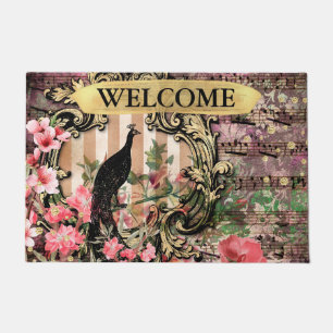 Antique Illustrated Peacock & Flowers Grunge Doormat