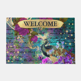 Antique Illustrated Peacock & Flowers Grunge Doormat