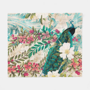 Antique Illustrated Peacock & Flowers Grunge Fleece Blanket