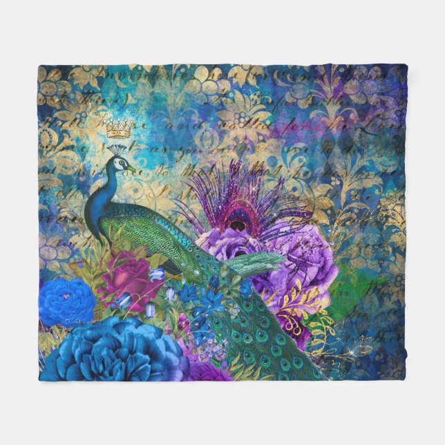 Antique Illustrated Peacock & Flowers Grunge Fleece Blanket (Front (Horizontal))