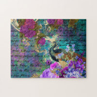 Antique Illustrated Peacock & Flowers Grunge