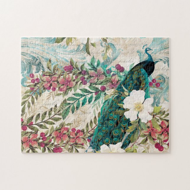 Antique Illustrated Peacock & Flowers Grunge Jigsaw Puzzle (Horizontal)