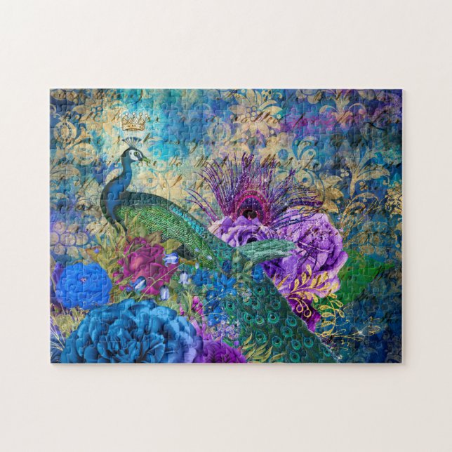 Antique Illustrated Peacock & Flowers Grunge Jigsaw Puzzle (Horizontal)