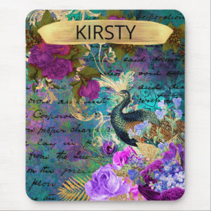 Antique Illustrated Peacock & Flowers Grunge Mouse Mat