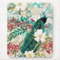 Antique Illustrated Peacock & Flowers Grunge