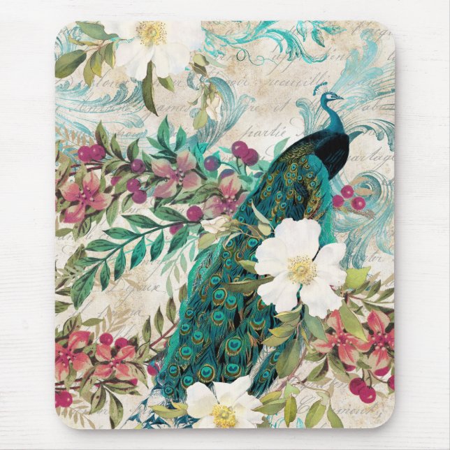 Antique Illustrated Peacock & Flowers Grunge Mouse Mat (Front)