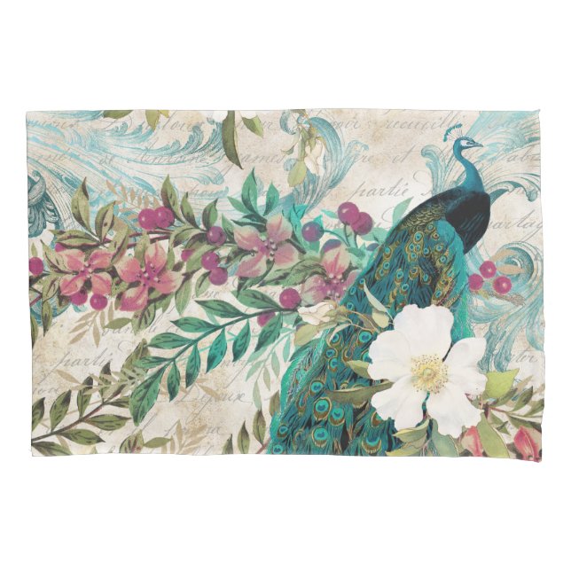Antique Illustrated Peacock & Flowers Grunge Pillowcase (Front)