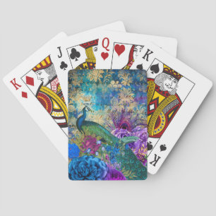 Antique Illustrated Peacock & Flowers Grunge Playing Cards