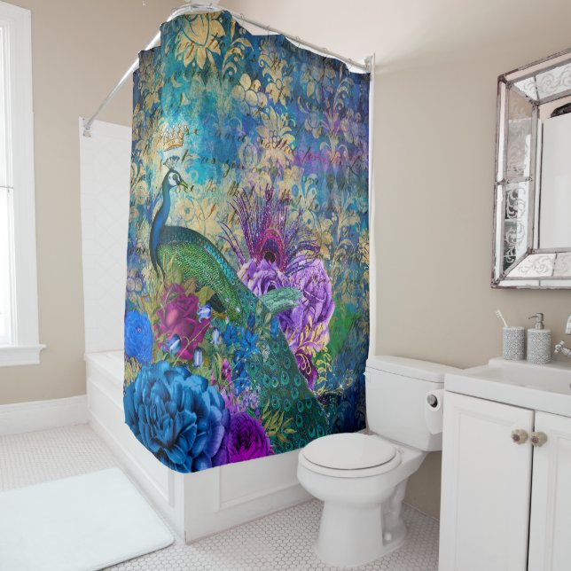 Antique Illustrated Peacock & Flowers Grunge Shower Curtain (In Situ)