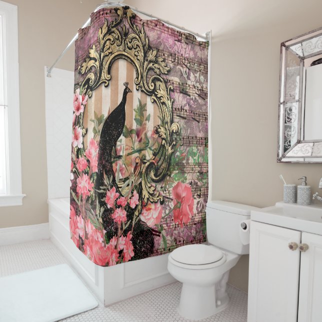 Antique Illustrated Peacock & Flowers Grunge Shower Curtain (In Situ)