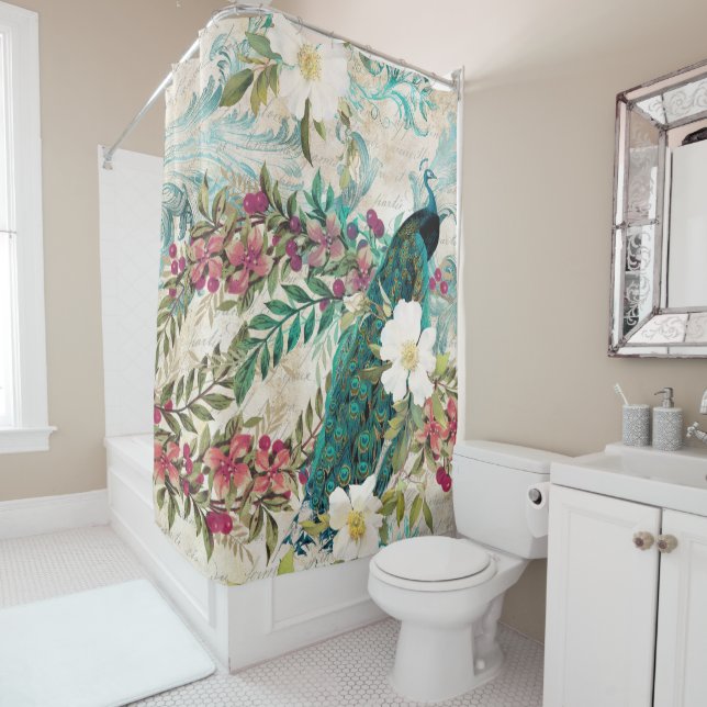 Antique Illustrated Peacock & Flowers Grunge Shower Curtain (In Situ)