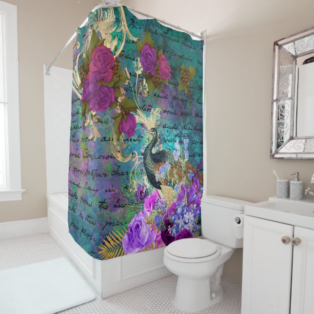 Antique Illustrated Peacock & Flowers Grunge Shower Curtain (In Situ)