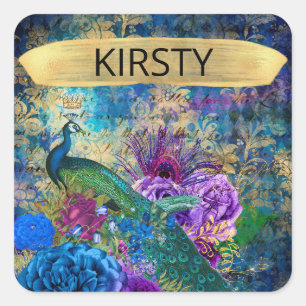 Antique Illustrated Peacock & Flowers Grunge Square Sticker