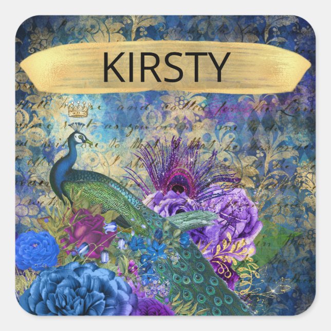 Antique Illustrated Peacock & Flowers Grunge Square Sticker (Front)