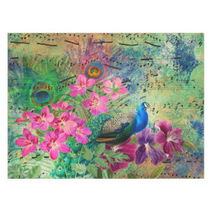 Antique Illustrated Peacock & Flowers Grunge Tablecloth