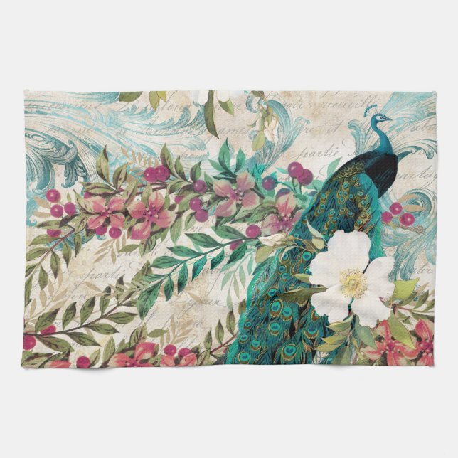 Antique Illustrated Peacock & Flowers Grunge Tea Towel (Horizontal)