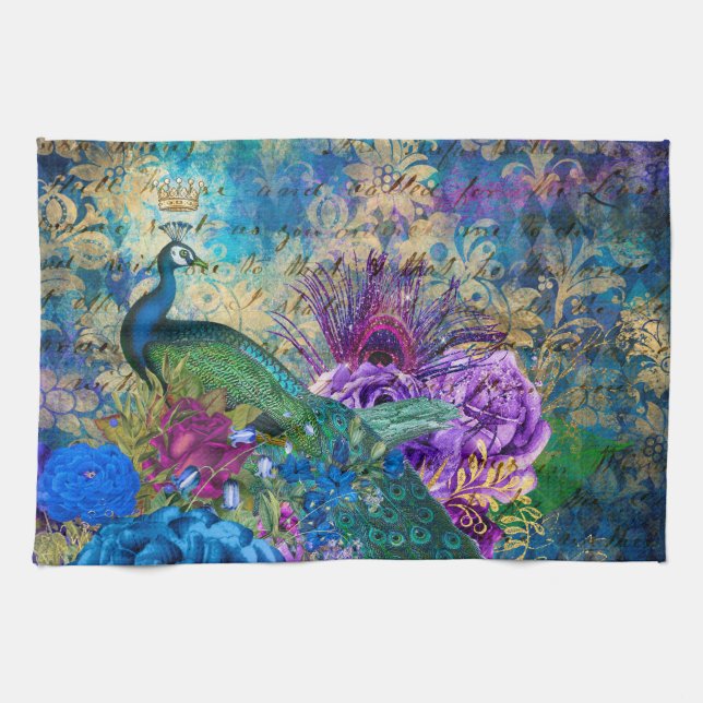 Antique Illustrated Peacock & Flowers Grunge Tea Towel (Horizontal)