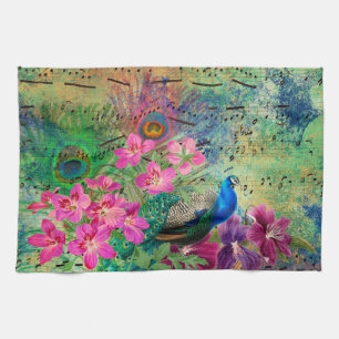 Antique Illustrated Peacock & Flowers Grunge Tea Towel